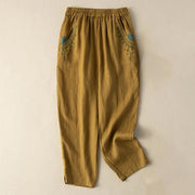 Buddha Stones Vintage Embroidery Elastic Waist Harem Pants With Pockets Harem Pants BS Yellow 4XL(Waist 70-130cm/Hips 125cm/Length 92cm)