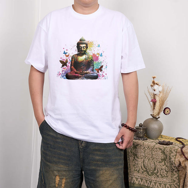 Buddha Stones Colorful Butterfly Flying Meditation Buddha Tee T-shirt