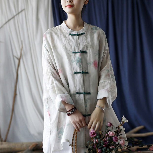 Buddha Stones White Red Flowers Green Leaves Frog-Button Long Sleeve Ramie Linen Jacket Shirt 20