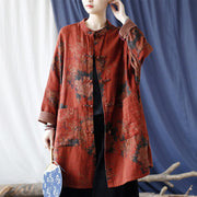 Buddha Stones Orange Peony Flower Cotton Linen Frog-Button Open Front Jacket With Pockets 21