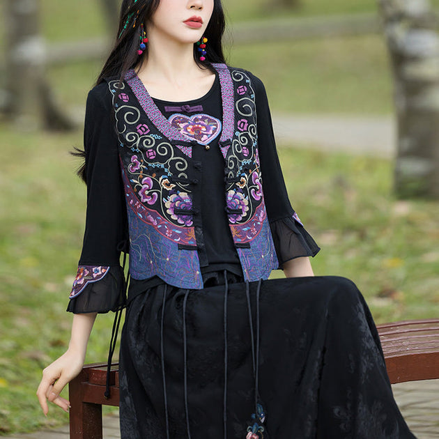 Buddha Stones Vintage Frog-Button Embroidery Purple Flower Tang Suit D ...