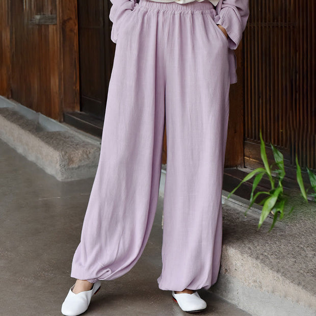 Buddha Stones Casual Plain Loose Women's Linen Pants With Pockets