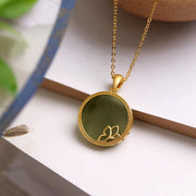 Buddha Stones 925 Sterling Silver Plated Gold Natural Round Hetian Cyan Jade Success Necklace Pendant Ring Earrings Set