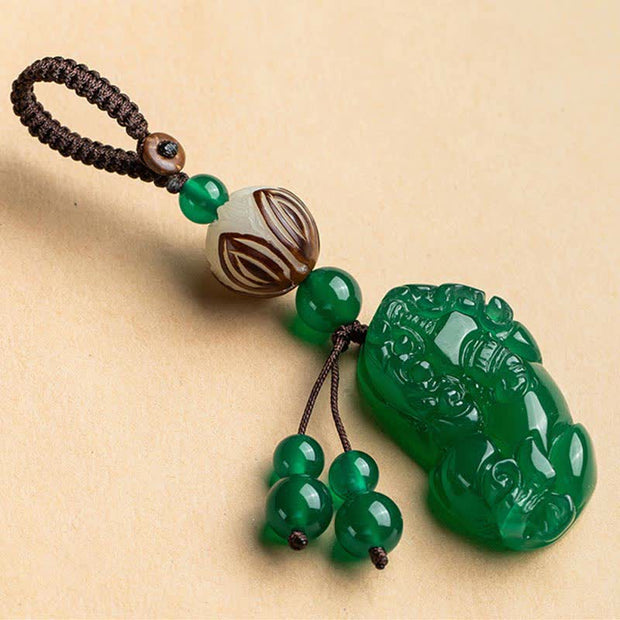 Buddha Stones PiXiu Chalcedony Bodhi Seed Lotus Courage Strength Keychain Key Chain BS Green Chalcedony Small Lotus