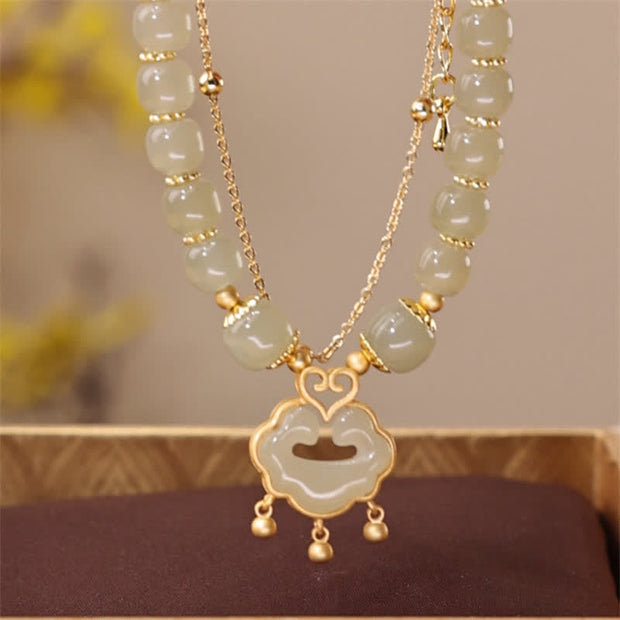 Buddha Stones 14K Gold Plated Natural Hetian Jade Wish Lock Bell Chain Bracelet Bracelet BS 1