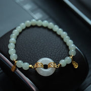 Buddha Stones 925 Sterling Silver Plated Gold Natural Hetian Jade Bead Gourd Lotus Bamboo Fu Character Luck Bracelet Bracelet BS Hetian Jade Peace Buckle Lucky Fu Character(Wrist Circumference 14-16cm)