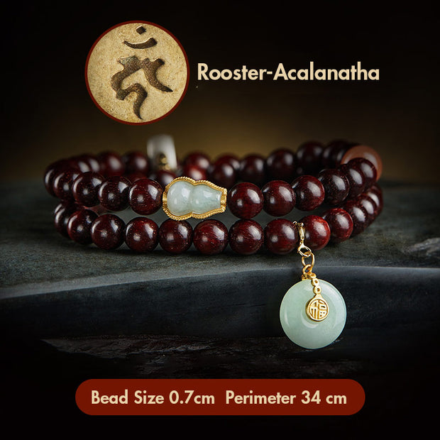 Buddha Stones Chinese Zodiac Natal Buddha Small Leaf Red Sandalwood Jade Red Agate PiXiu Sooth Bracelet Bracelet BS Rooster-Acalanatha