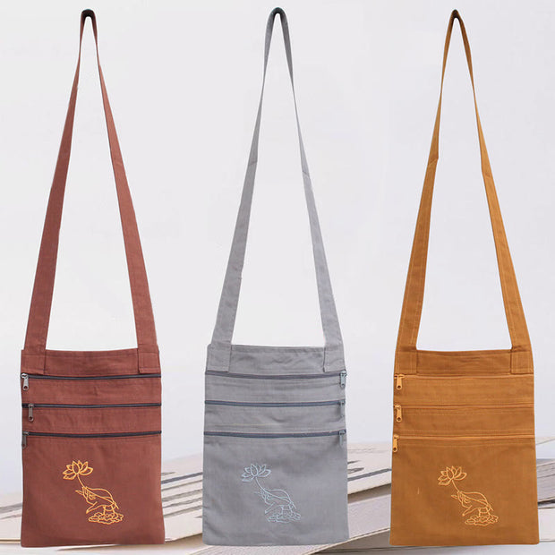 Buddha Stones Spiritual Mind Practice Lotus Embroidered Cotton Shoulder Bag Crossbody Bag Bag BS 9
