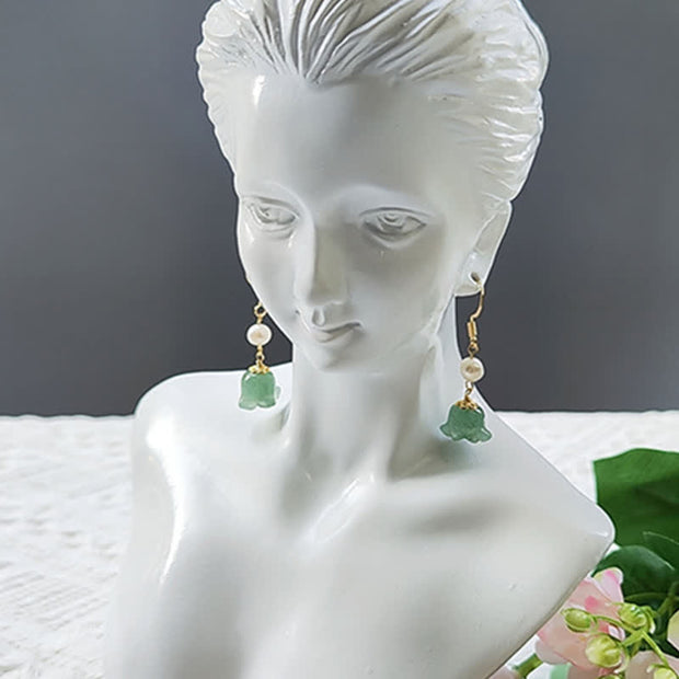 Buddha Stones Lily of The Valley Natural Green Aventurine 14K Gold Plated Luck Pearl Drop Dangle Floral Earrings Earrings BS 9