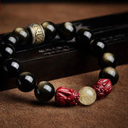 Buddha Stones Gold Sheen Obsidian PiXiu Cinnabar Om Mani Padme Hum Protection Bracelet Bracelet BS 8