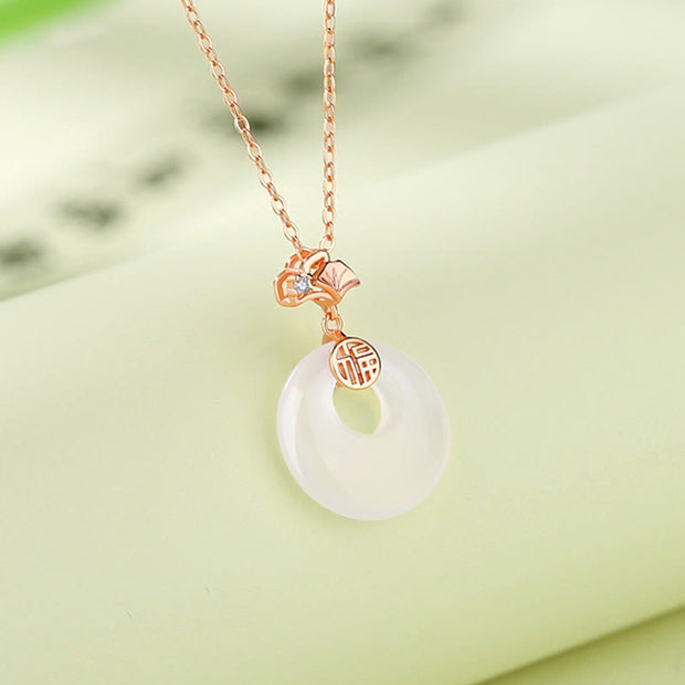 Buddha Stones 925 Sterling Silver Ginkgo Leaf Butterfly Rose Chalcedony Hetian Jade Peace Buckle Fu Character Harmony Necklace Pendant Necklaces & Pendants BS 2