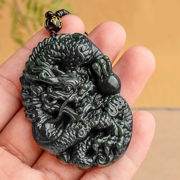 Buddha Stones Hetian Cyan Jade Dragon Success Harmony Necklace Beaded String Pendant Necklaces & Pendants BS 3