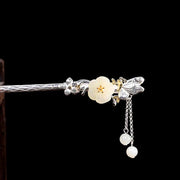 Buddha Stones 925 Sterling Silver Hetian White Jade Flower Blessing Hairpin Decorations BS 6