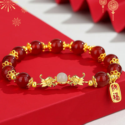 Buddha Stones 925 Sterling Silver Year of the Dragon Natural Red Agate Hetian Jade Fu Character Charm Strength Bracelet
