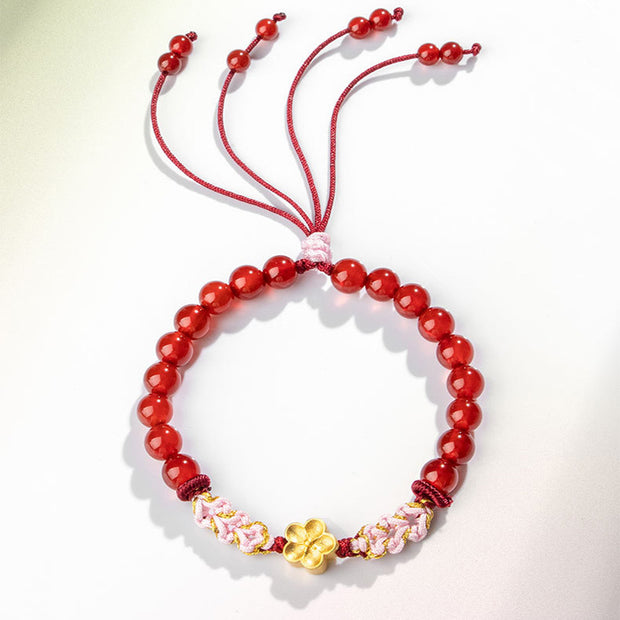 Buddha Stones 999 Sterling Silver Natural Red Agate Pink Crystal Cherry blossom Bracelet Bracelet BS 9