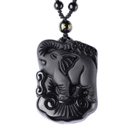 Buddha Stones Black Obsidian Elephant Protection String Necklace Pendant Key Chain Necklaces & Pendants BS 11