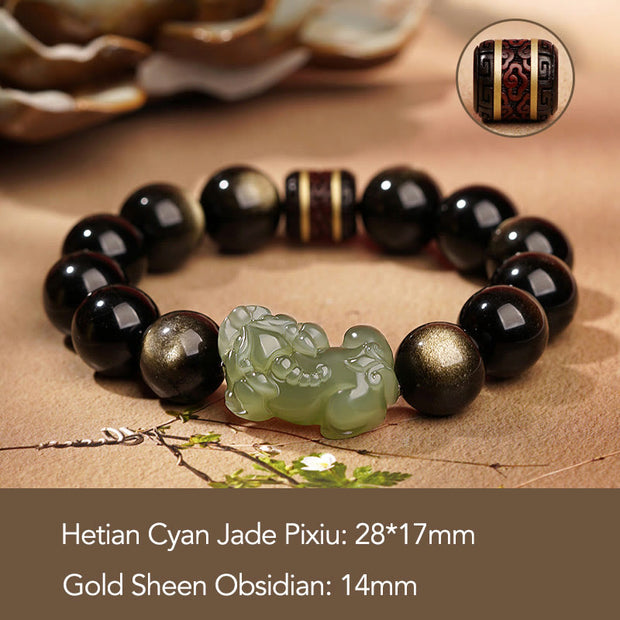 Buddha Stones Natural Gold Sheen Obsidian Hetian Cyan Jade White Jade PiXiu Wealth Bracelet Bracelet BS Gold Sheen Obsidian Cyan Jade Pixiu-14mm(Men)