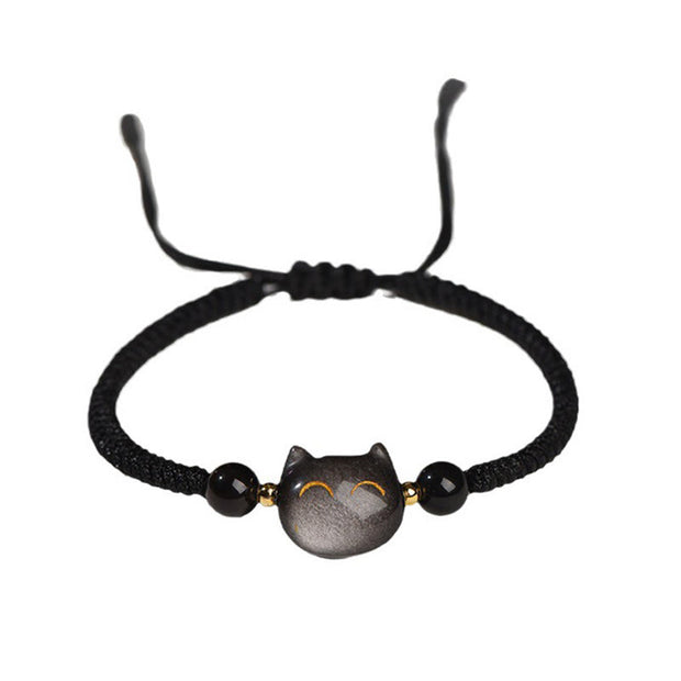 Buddha Stones Handmade Natural Silver Sheen Obsidian Strawberry Quartz Cute Cat Protection Braided Bracelet Bracelet BS 4