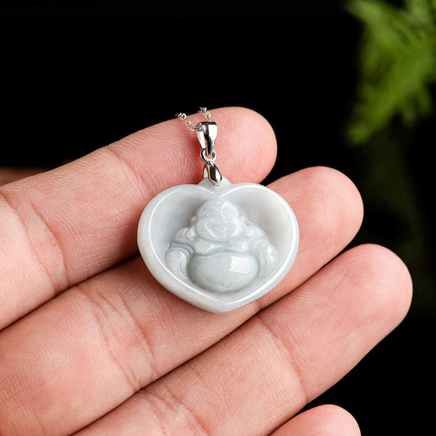 Buddha Stones 925 Sterling Silver Laughing Buddha White Jade Luck Blessing Necklace Pendant Necklaces & Pendants BS 4