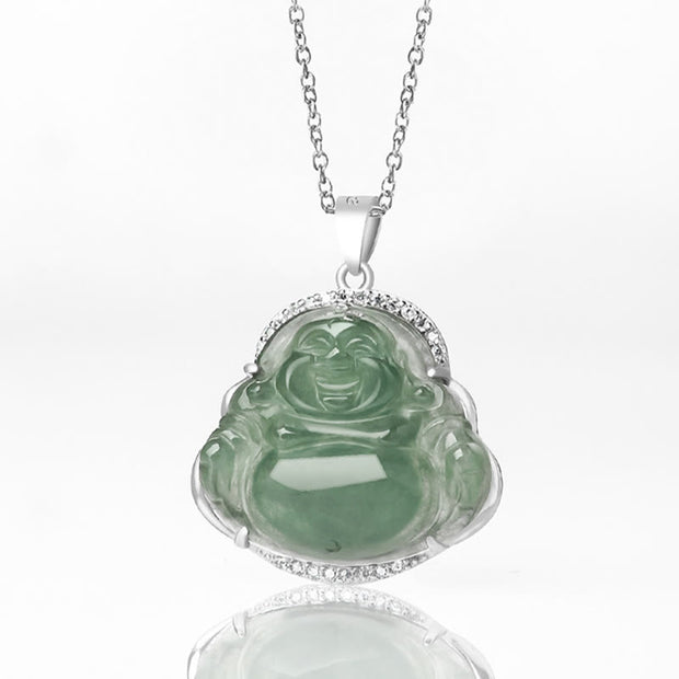 Buddha Stones 925 Sterling Silver Laughing Buddha Natural Jade Luck Prosperity Necklace Chain Pendant Necklaces & Pendants BS 4