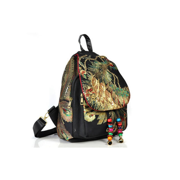 Buddha Stones Peacock Embroidery Canvas Tassel Backpack