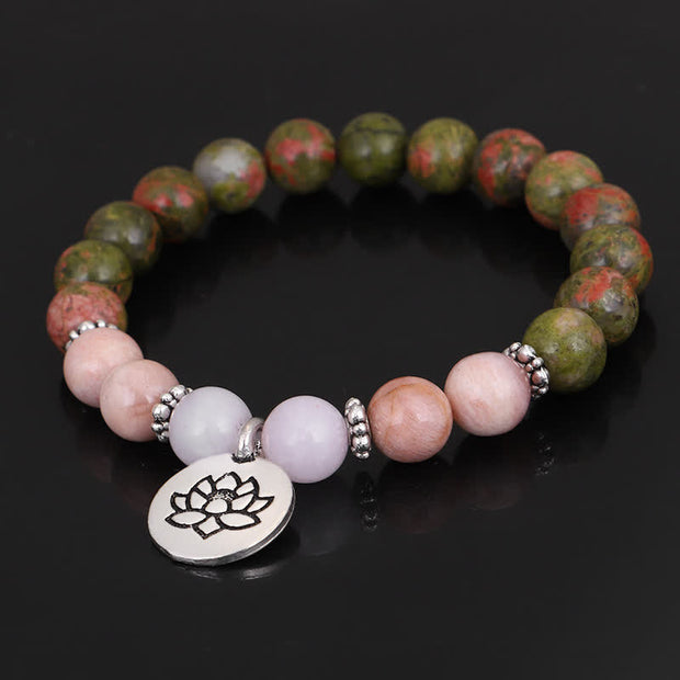 Buddha Stones Natural Unakite Rose Quartz Crystal Sun Stone Lotus Wealth Bracelet