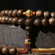 Buddha Stones 999 Gold 108 Mala Beads Kalimantan Agarwood Cyan Jade Six True Words Strength Bracelet Bracelet Mala BS 15