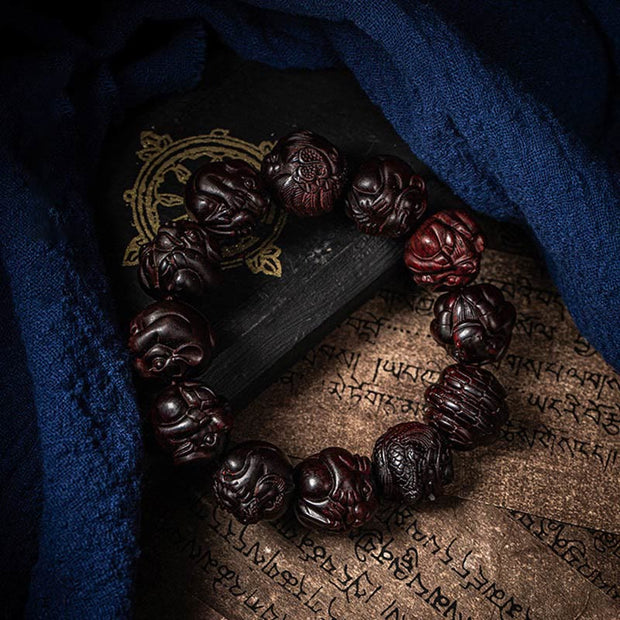 Buddha Stones Chinese Zodiac Engraved Small Leaf Red Sandalwood Protection Bracelet