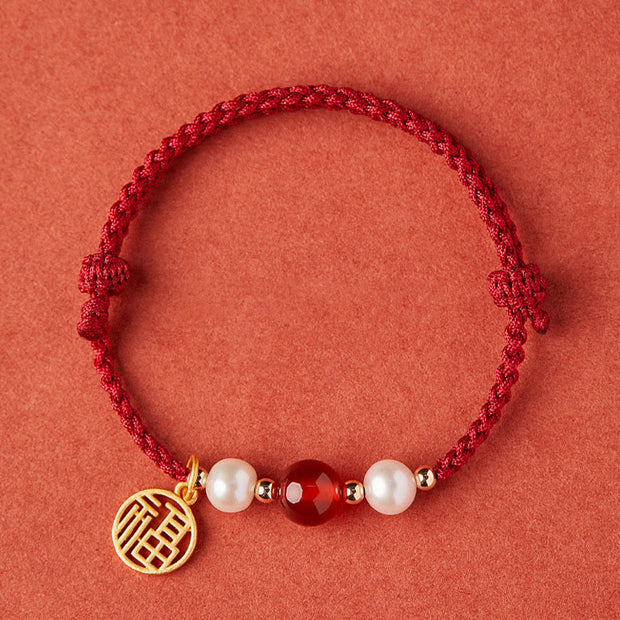 Buddha Stones 925 Sterling Silver Good Fortune Fu Character Agate Pearl Red String Braid Bracelet Bracelet BS Fu Character-925 Sterling Silver Hollow Silver Fortune Charm(Wrist Circumference 14-18cm)