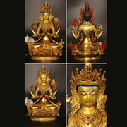 Buddha Stones Bodhisattva Tara Chenrezig Four-armed Avalokitesvara Protection Copper Gold Plated Statue Decoration Decorations BS 7