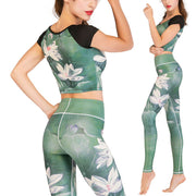 Buddha Stones 2Pcs Lotus Phoenix Spring Flowers Peacock Print Top Pants Sports Fitness Yoga Women's Yoga Sets