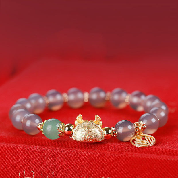 Buddha Stones Year Of The Dragon Red Agate Gray Agate Dumpling Luck Fu Character Bracelet Bracelet BS Gray Agate Dragon(Wrist Circumference 14-16cm) 10mm
