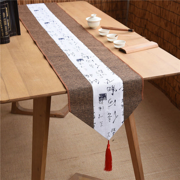 Buddha Stones Classic Chinese Style Lotus Koi Fish Flower Crane Calligraphy Enlightenment Cotton Linen Tassels Table Runner Table Runner BS Brown White Calligraphy 30*180cm