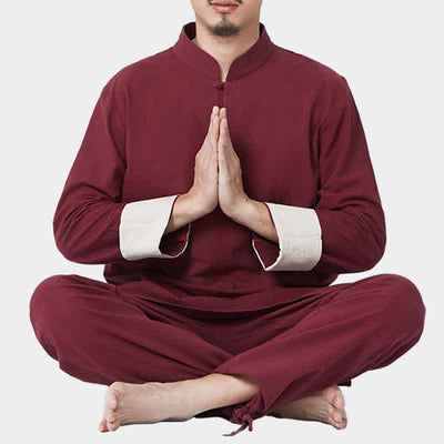 Buddha Stones Spiritual Zen Meditation Yoga Prayer Practice Cotton Linen Clothing Men's Set Clothes BS Wine Red XXXL