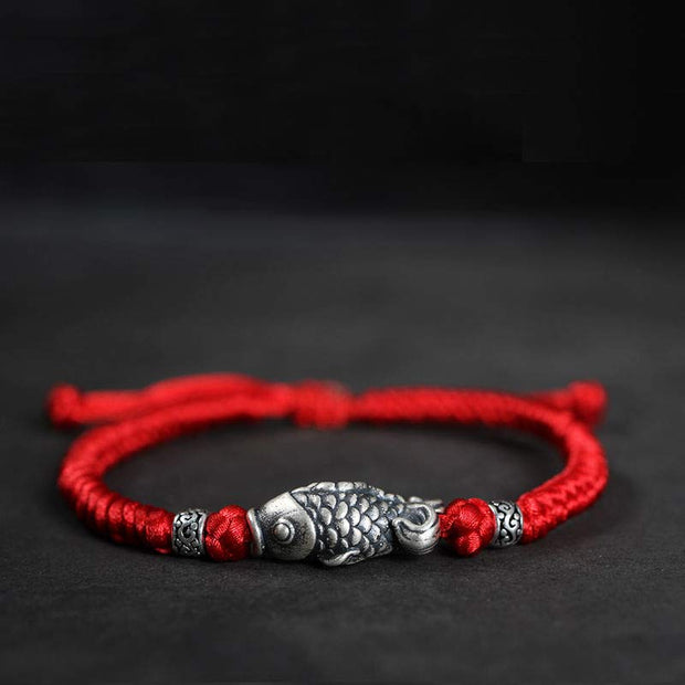 Buddha Stones Silver Luck Koi Fish Braided String Bracelet Bracelet BS Red(Wrist Circumference 14-20cm)