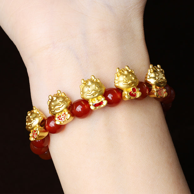 Buddha Stones Year of the Dragon Natural Red Agate Copper Coin Fu Character Protection Bracelet Bracelet BS 5