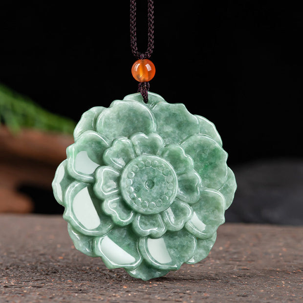Buddha Stones Lotus Pattern Jade Luck Prosperity Necklace Pendant