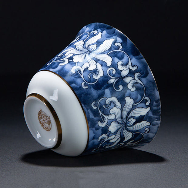 Buddha Stones Colorful Flowers Orchid Sea Waves Blue and White Porcelain Ceramic Teacup Kung Fu Tea Cup