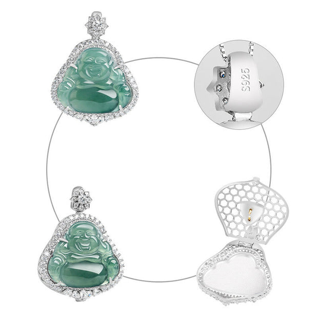 Buddha Stones 925 Sterling Silver Laughing Buddha Natural Jade Luck Abundance Chain Necklace Pendant Necklaces & Pendants BS 5