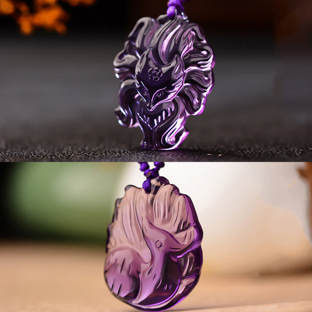 Buddha Stones Natural Amethyst White Crystal Citrine Nine Tailed Fox Luck Necklace Pendant Necklaces & Pendants BS 8