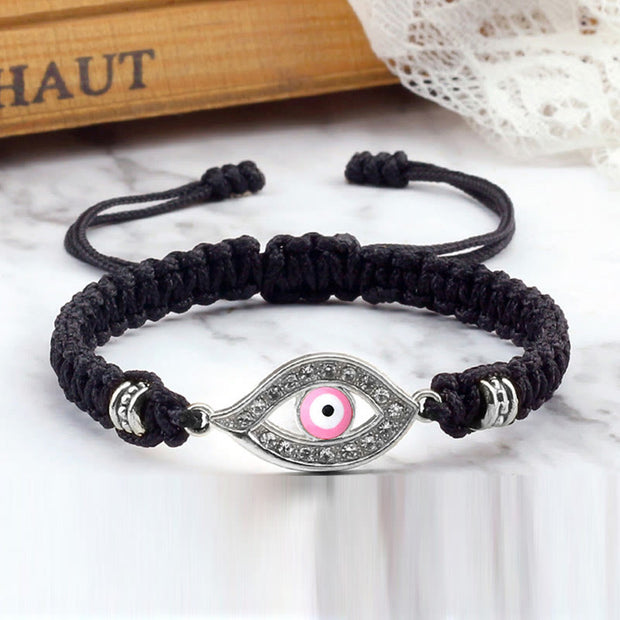 Buddha Stones Evil Eye Keep Away Evil Spirits String Bracelet Bracelet BS Black Pink Evil Eye Silver Border