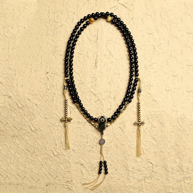 Buddha Stones Tibetan 108 Mala Beads Black Onyx Three-eyed Dzi Beads Protection Bracelet Mala Bracelet BS 2