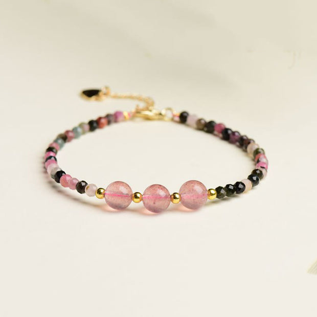Buddha Stones Natural Colorful Tourmaline Strawberry Quartz Bead Positive Love Bracelet