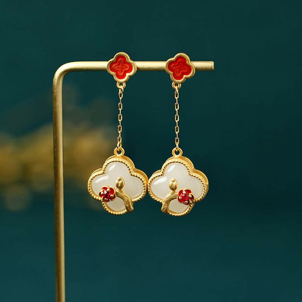 Buddha Stones 24K Gold Plated White Jade Four Leaf Clover Plum Blossom Luck Necklace Pendant Earrings Necklaces & Pendants BS Earrings