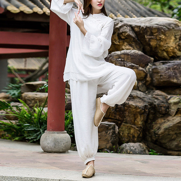 Buddha Stones 2Pcs White Flowers Yoga Clothing Meditation Clothing Top Pants Women's Set Clothes BS 4