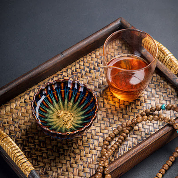 Buddha Stones Lotus Goldfish Auspicious Dragon Phoenix Ceramic Teacup Silver Inlaid Tea Cups 130ml Cup BS 1