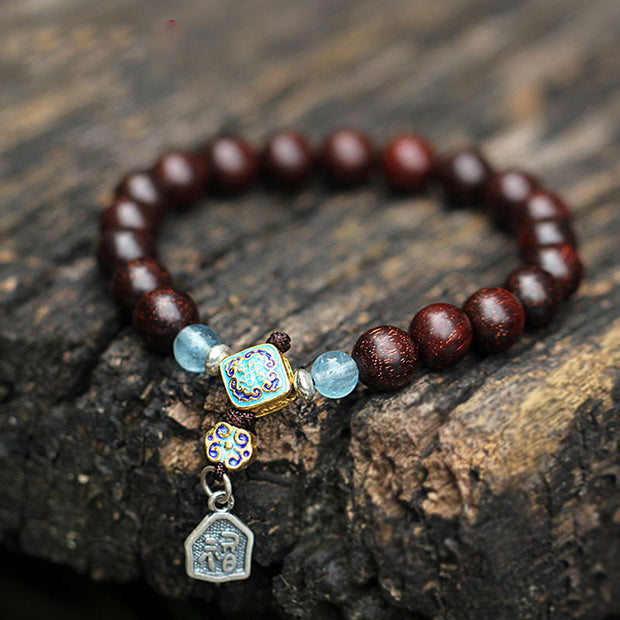 Buddha Stones 925 Sterling Silver Indian Small Leaf Red Sandalwood Aquamarine Full of Gold Star Chinese Knotting Blessing Bracelet