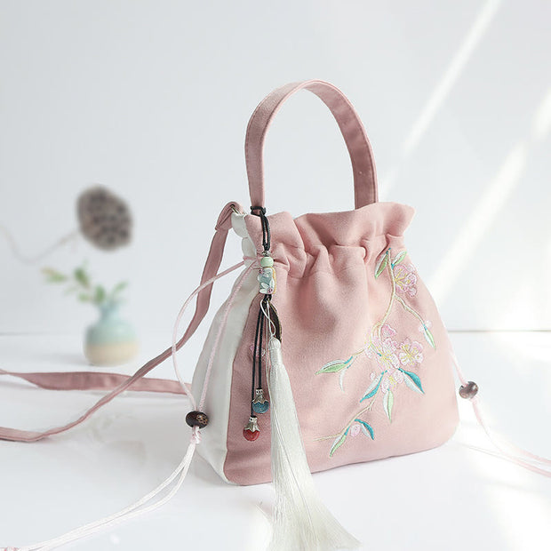 Buddha Stones Handmade Embroidered Flowers Canvas Tote Shoulder Bag Handbag Bag BS Pink White Peach Blossom
