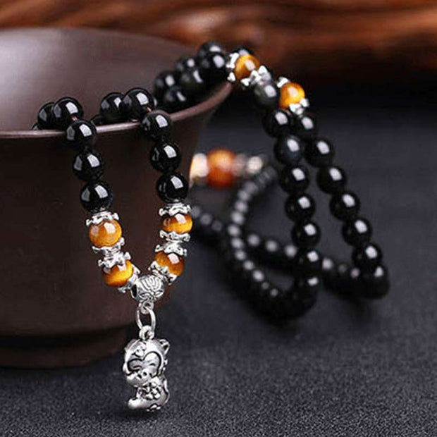 Chinese Zodiac 108 Beads Black Obsidian Tiger Eye Fortune Mala Bracelet Mala Bracelet BS 3