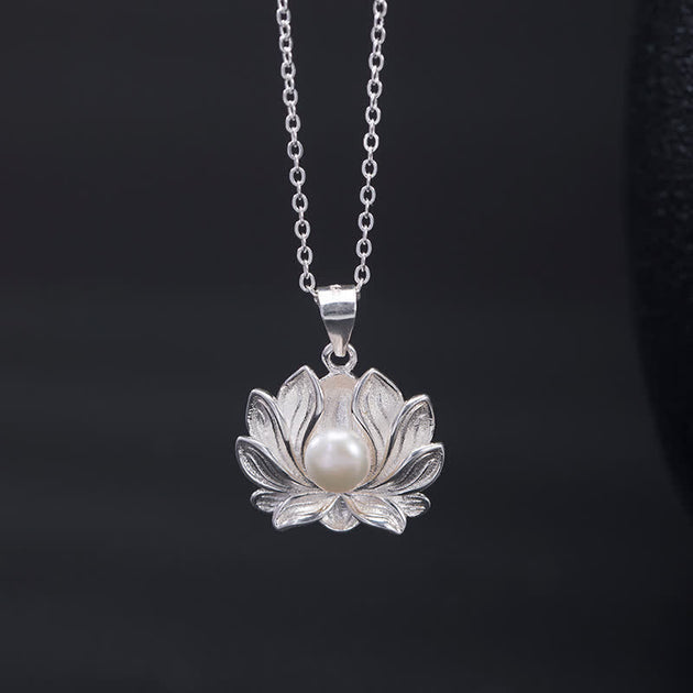 Buddha Stones 925 Sterling Silver Lotus Flower Pearl Wealth Necklace P ...